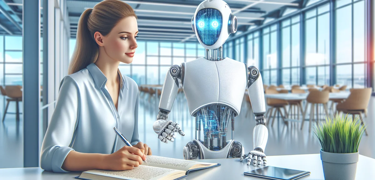 A digital illustration of an AI robot helping a human write blog articles, futuristic but friendly d