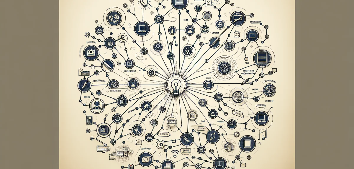 Mind map diagram showing blog topic expansion from central theme, organized creative thinking, clean