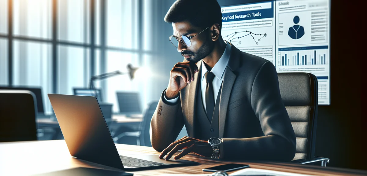 Person using laptop with keyword research tools on screen, data visualization, professional workspac