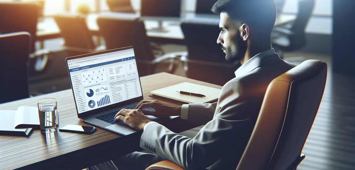 Person using laptop with keyword research tools on screen, data visualization, professional workspac