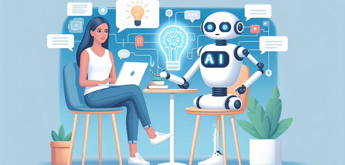 AI robot assistant helping blogger with content ideas, collaboration concept, friendly tech illustra