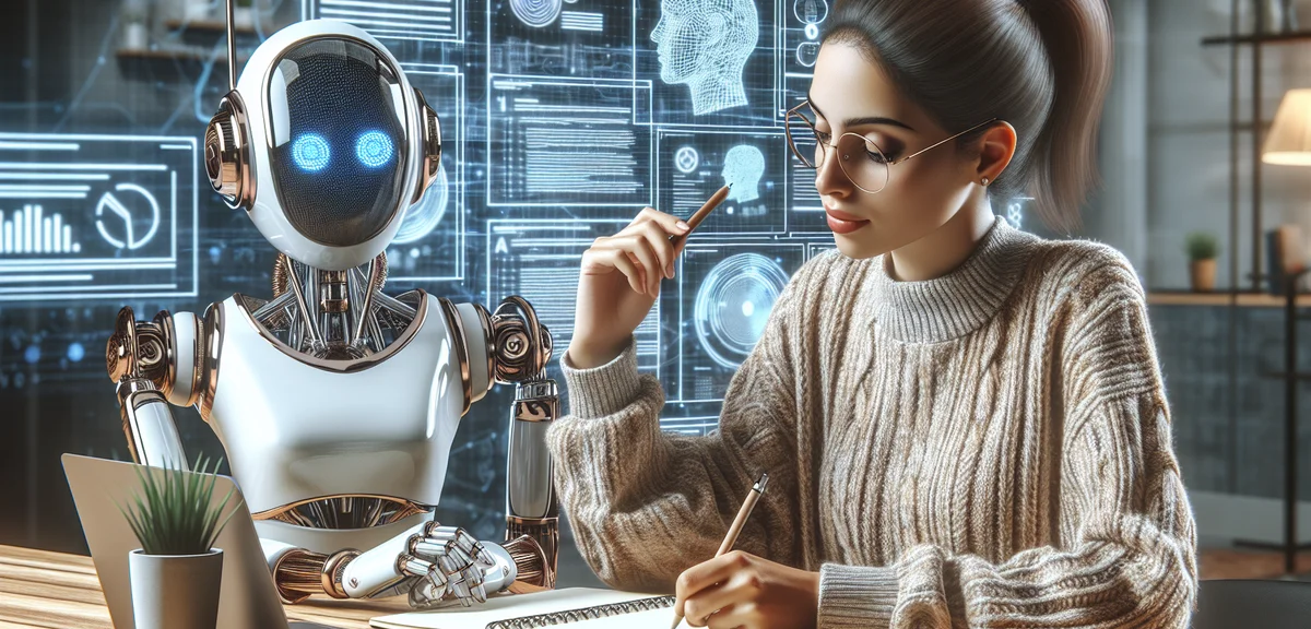 AI robot assistant helping blogger with content ideas, collaboration concept, friendly tech illustra