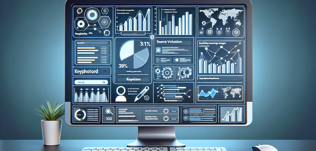 An illustration of a keyword research tool dashboard with graphs, search volume charts, and keyword