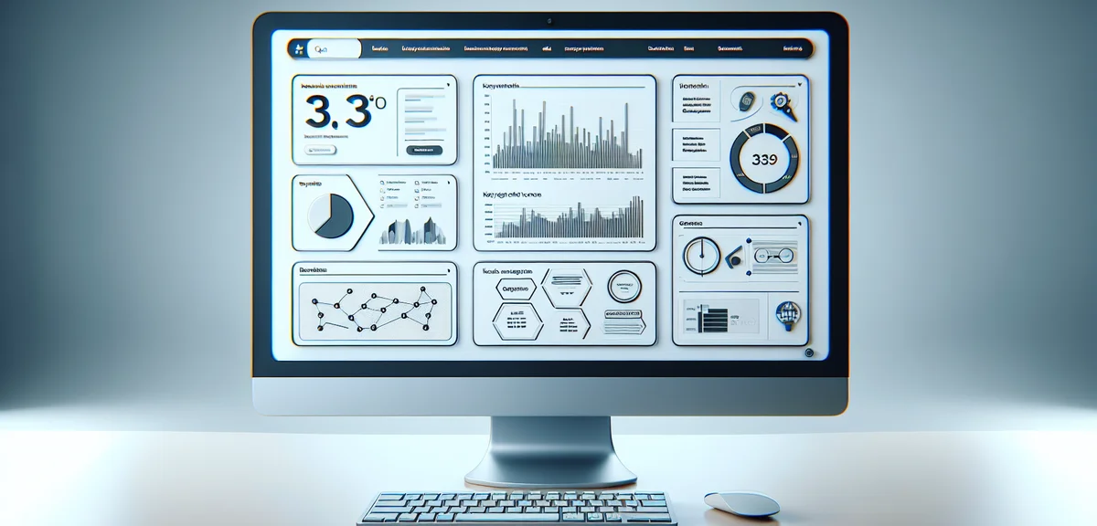 An illustration of a keyword research tool dashboard with graphs, search volume charts, and keyword 