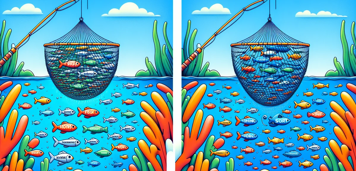 A visual metaphor of long-tail keywords as a fishing net catching many small fish vs short keywords