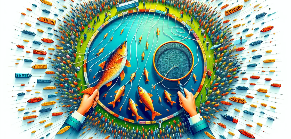 A visual metaphor of long-tail keywords as a fishing net catching many small fish vs short keywords 