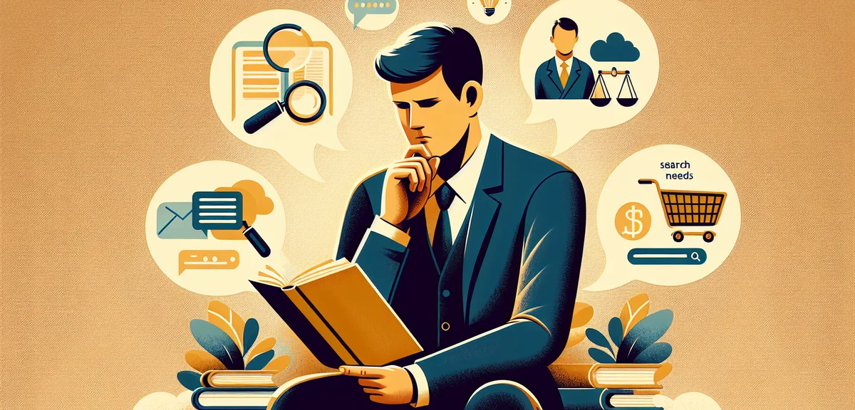 A flat illustration of a person analyzing search intent with thought bubbles showing different user