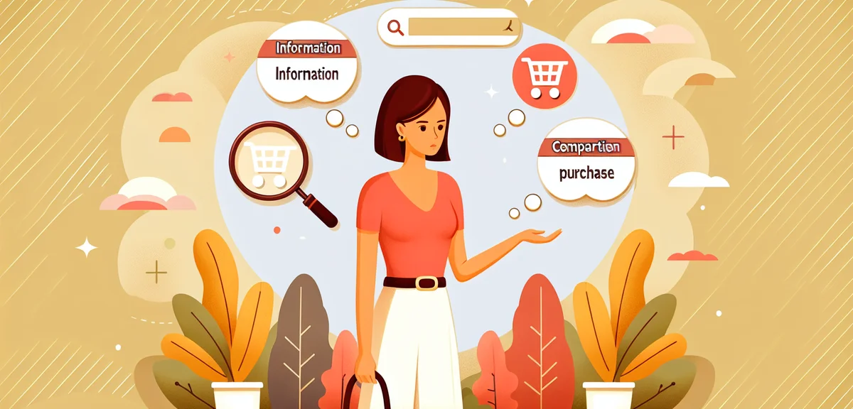 A flat illustration of a person analyzing search intent with thought bubbles showing different user 