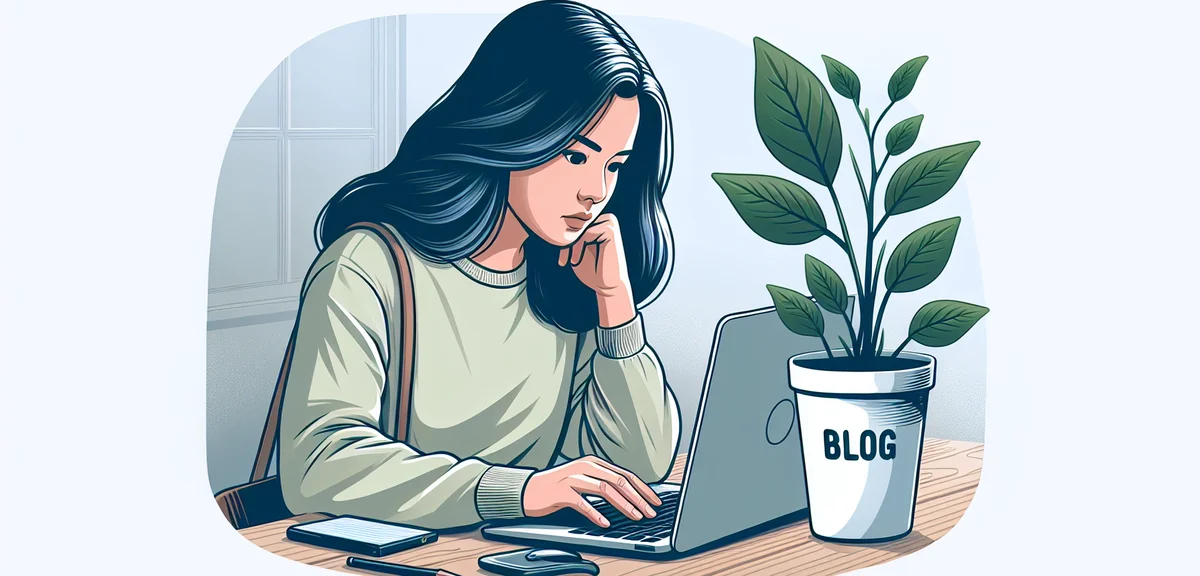A person working on a laptop with a small plant growing beside it representing blog growth, soft lig