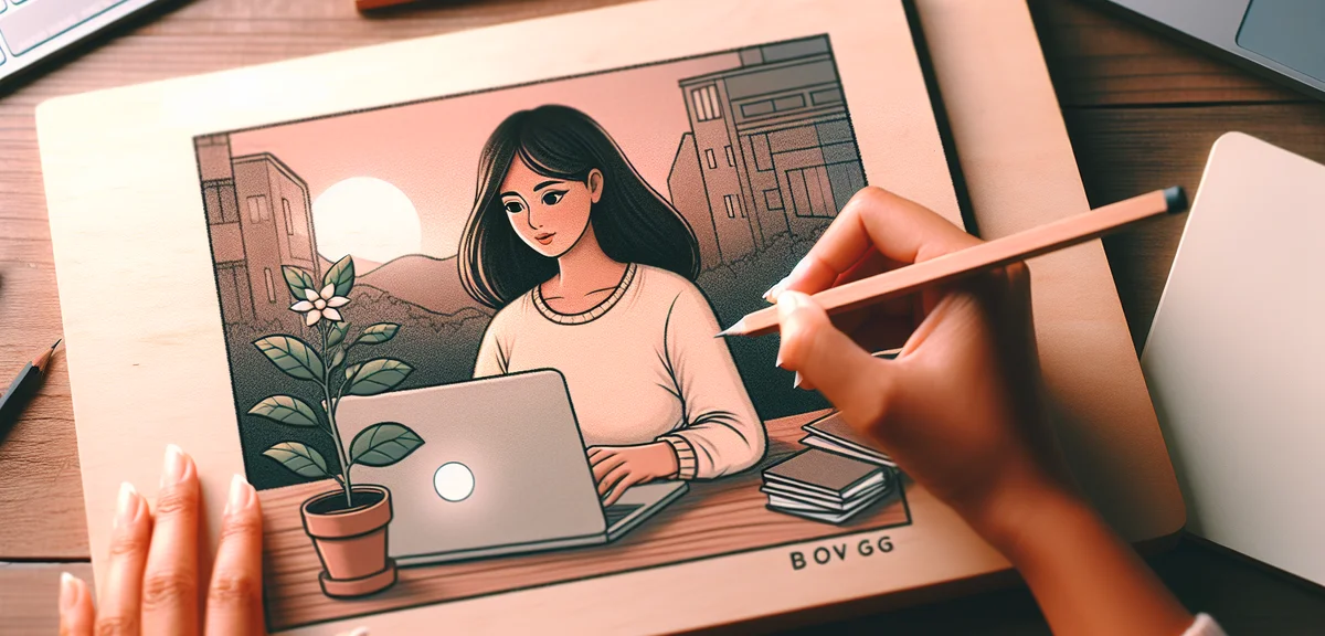 A person working on a laptop with a small plant growing beside it representing blog growth, soft lig