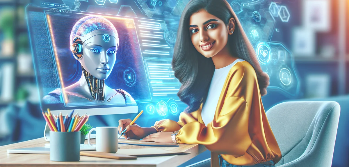 A person using AI tools on a computer to speed up blog writing, futuristic but friendly illustration