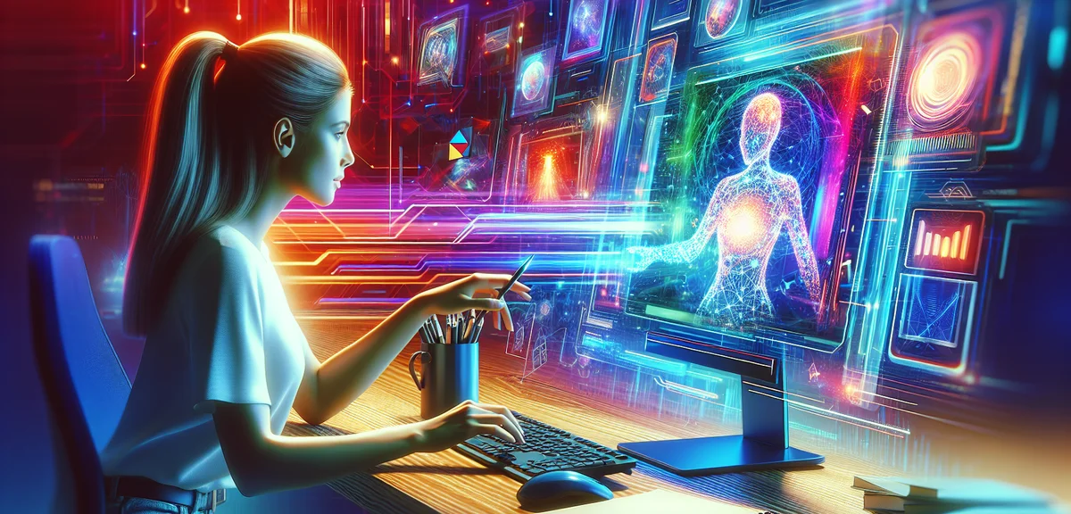 A person using AI tools on a computer to speed up blog writing, futuristic but friendly illustration