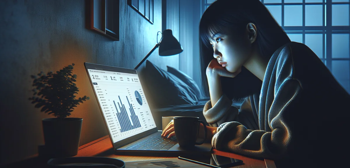 An illustration of a frustrated blogger staring at a laptop with almost zero analytics, dim lighting