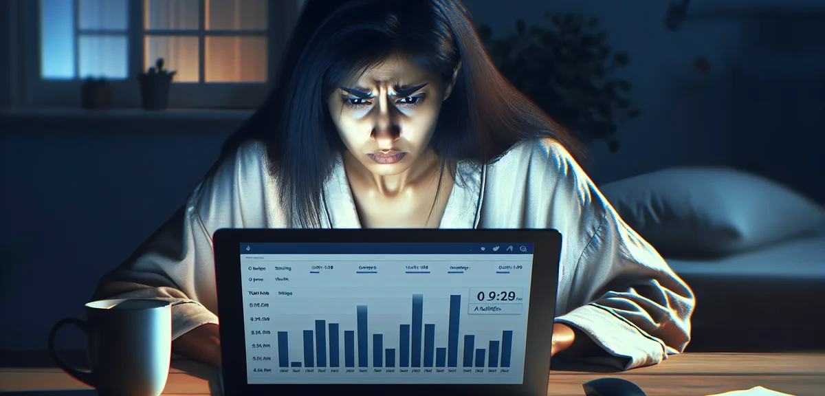 An illustration of a frustrated blogger staring at a laptop with almost zero analytics, dim lighting