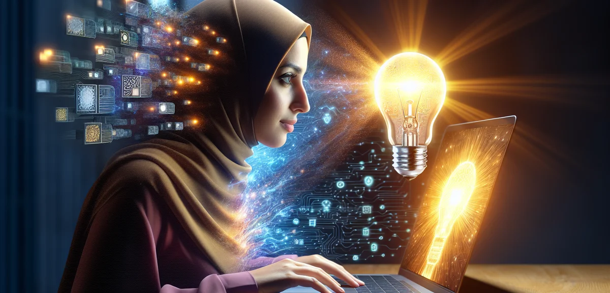 A digital illustration of a turning point moment, a person discovering AI tools on their laptop scre