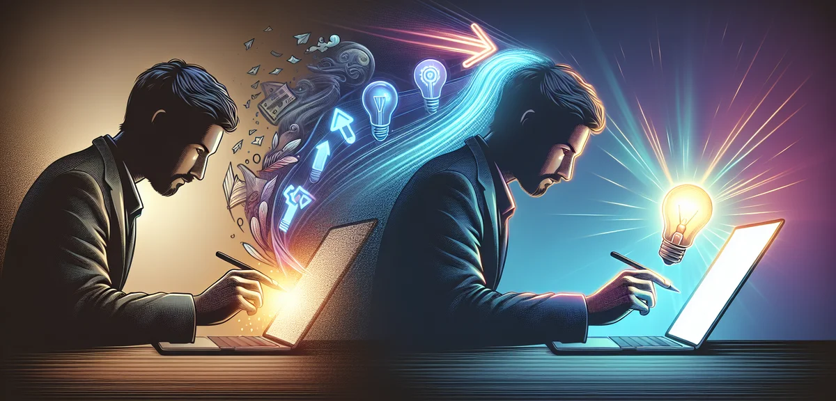 A digital illustration of a turning point moment, a person discovering AI tools on their laptop scre
