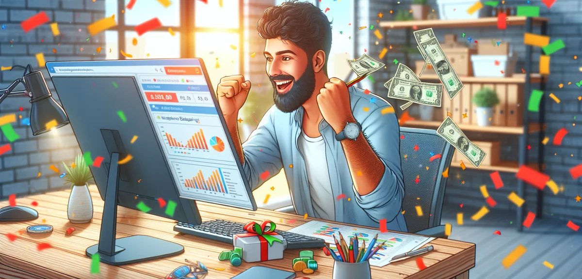 A celebratory illustration of a blogger seeing their first significant earnings on screen, confetti-