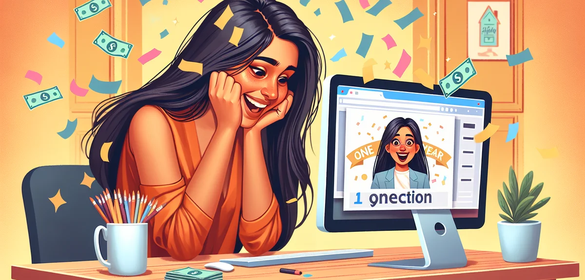 A celebratory illustration of a blogger seeing their first significant earnings on screen, confetti-