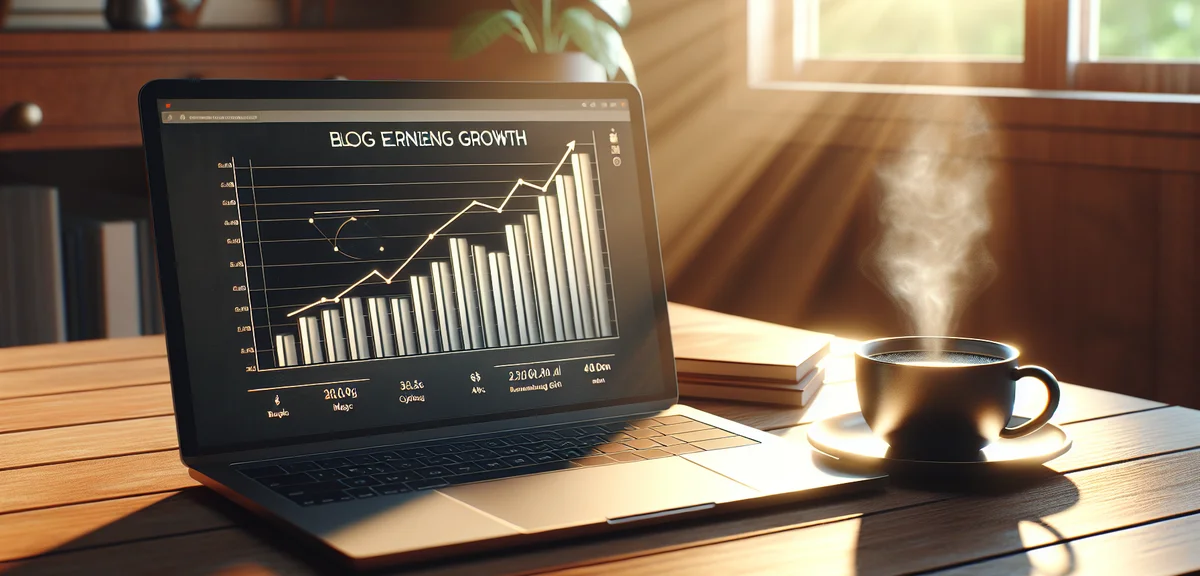 Blog earnings growth chart on laptop screen, upward trending line graph, coffee cup beside laptop, c