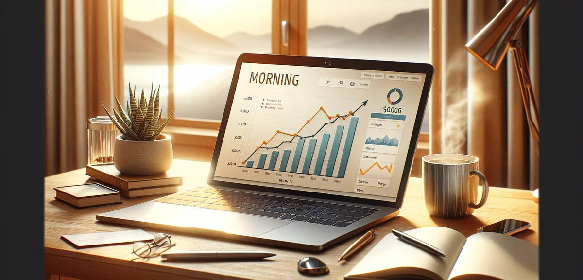 Blog earnings growth chart on laptop screen, upward trending line graph, coffee cup beside laptop, c