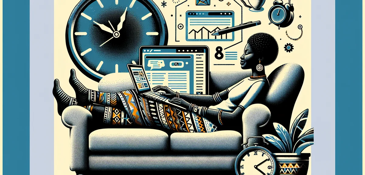 Person relaxing on sofa while laptop shows automated blog posting dashboard, passive income lifestyl