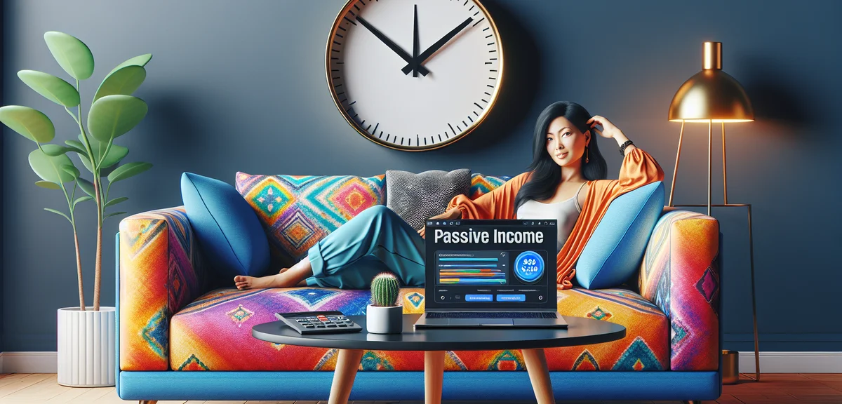 Person relaxing on sofa while laptop shows automated blog posting dashboard, passive income lifestyl