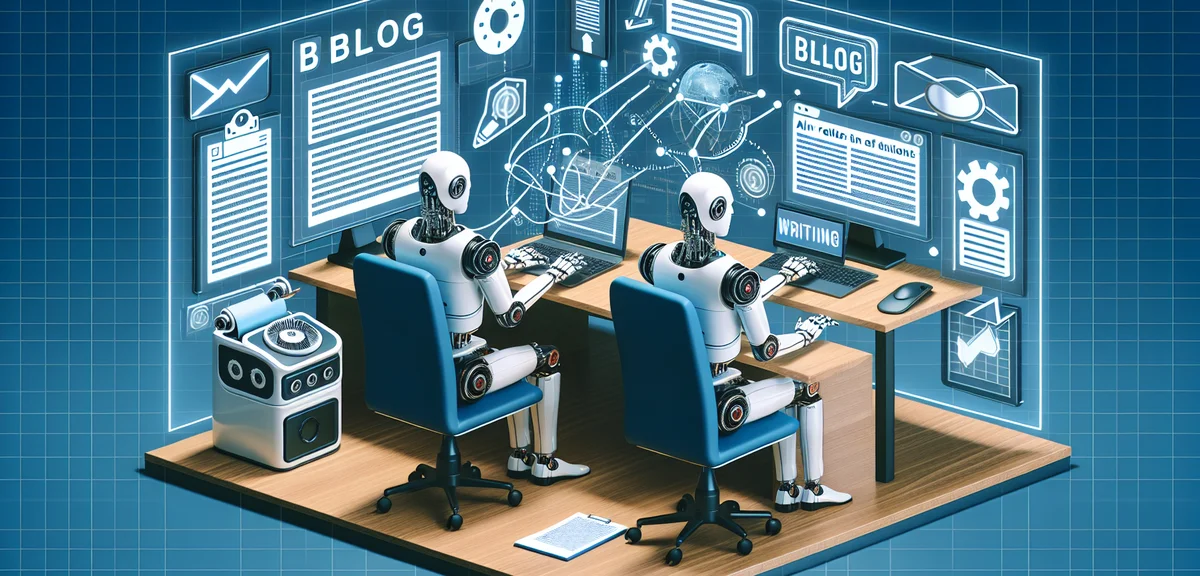 AI robot writing blog articles on multiple screens, automation workflow visualization, efficiency an
