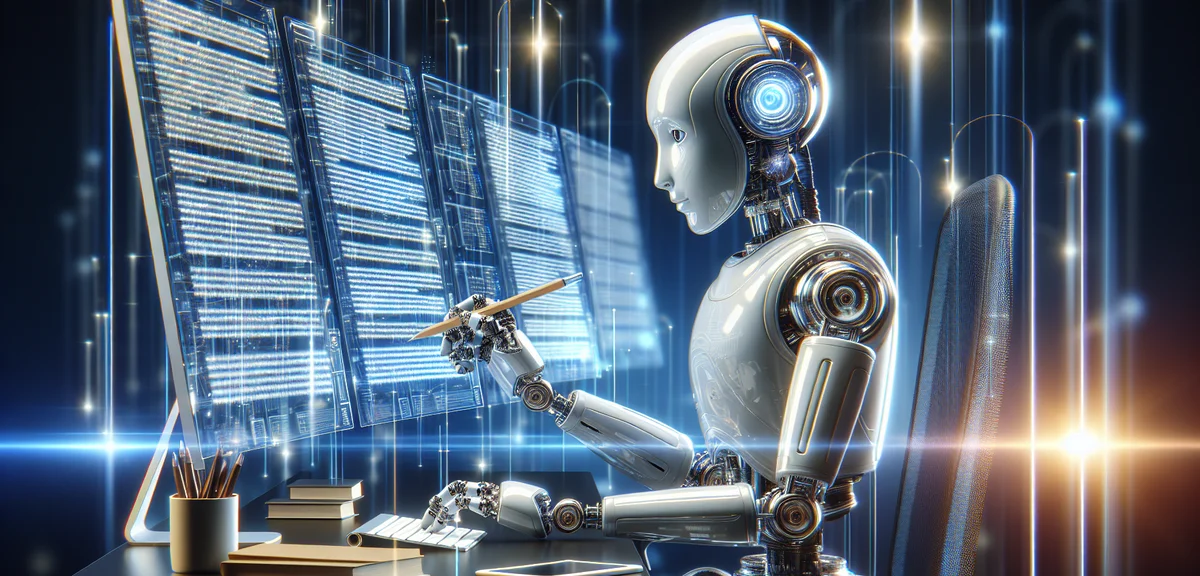 AI robot writing blog articles on multiple screens, automation workflow visualization, efficiency an