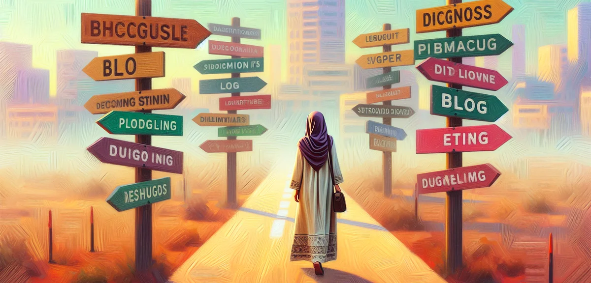 An illustration of a person standing at a crossroads with multiple signposts pointing to different b