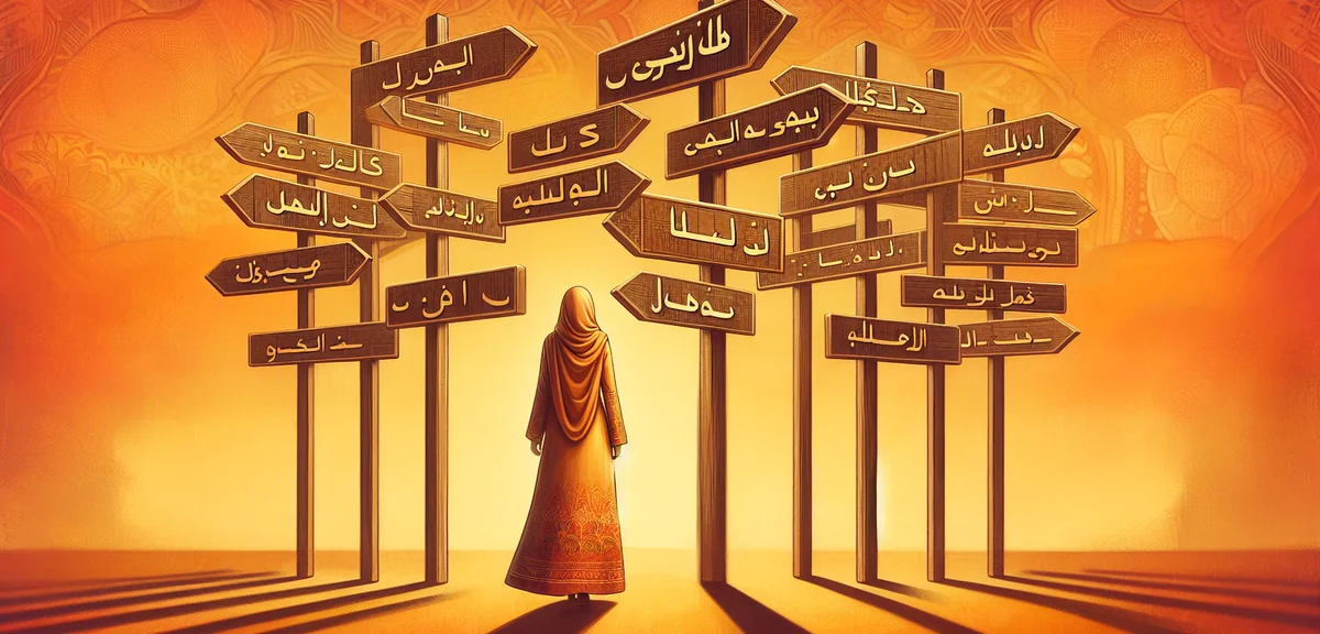 An illustration of a person standing at a crossroads with multiple signposts pointing to different b