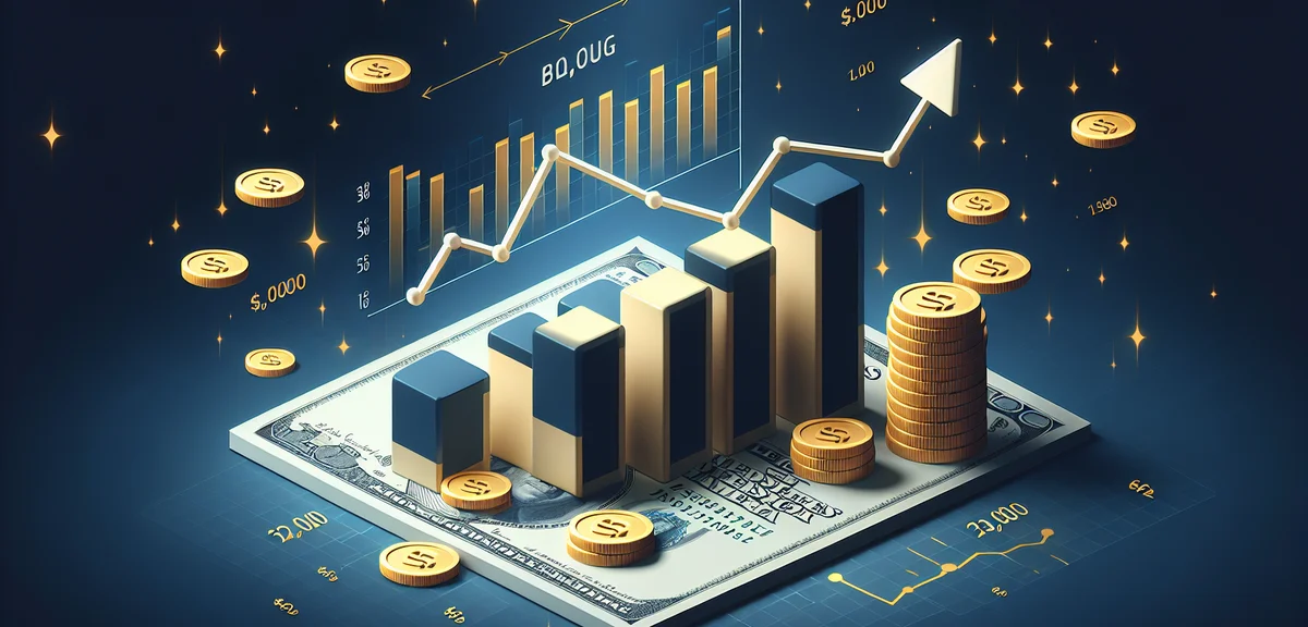 A bar chart illustration showing growing blog revenue trends with upward arrows, digital coins, mode