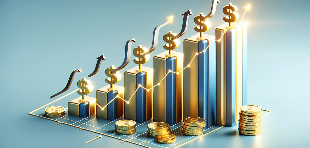 A bar chart illustration showing growing blog revenue trends with upward arrows, digital coins, mode