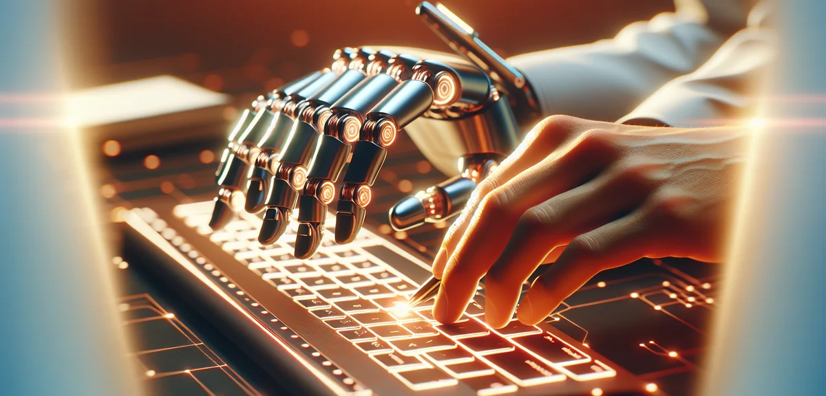 A futuristic illustration showing AI and blogging fusion, robot hand and human hand typing together 