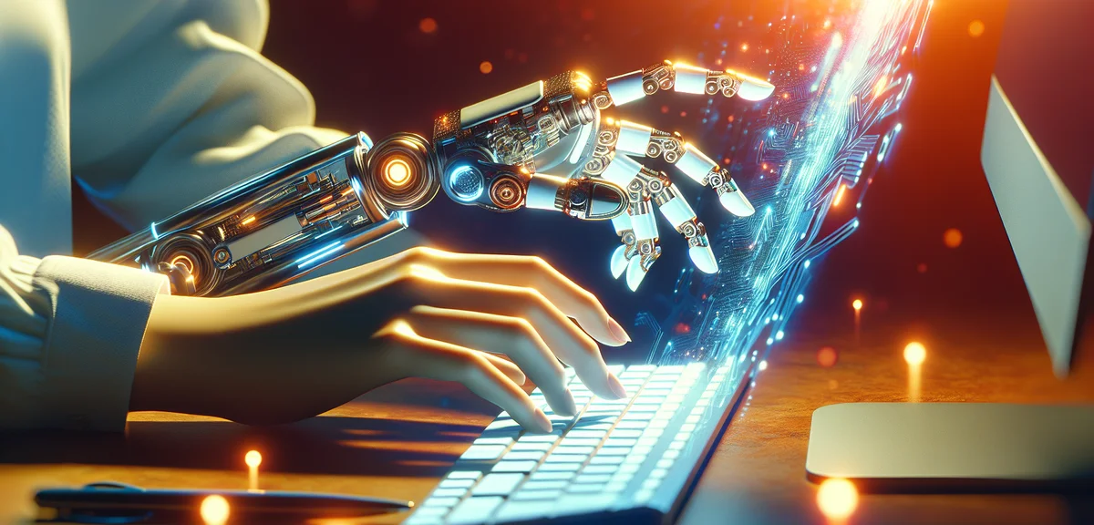 A futuristic illustration showing AI and blogging fusion, robot hand and human hand typing together 