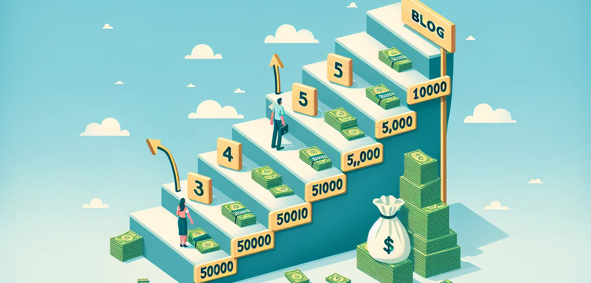 A flat illustration showing a staircase of blog milestones - 1000 PV, 5000 PV, 10000 PV, 50000 PV - 