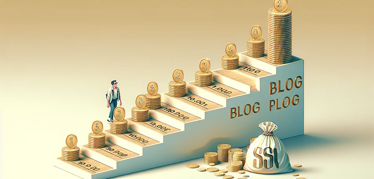 A flat illustration showing a staircase of blog milestones - 1000 PV, 5000 PV, 10000 PV, 50000 PV -