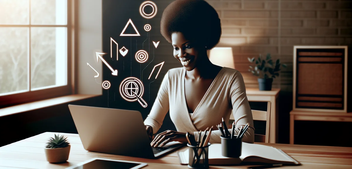 A cheerful illustration of a person implementing SEO and content strategies on a laptop with upward 