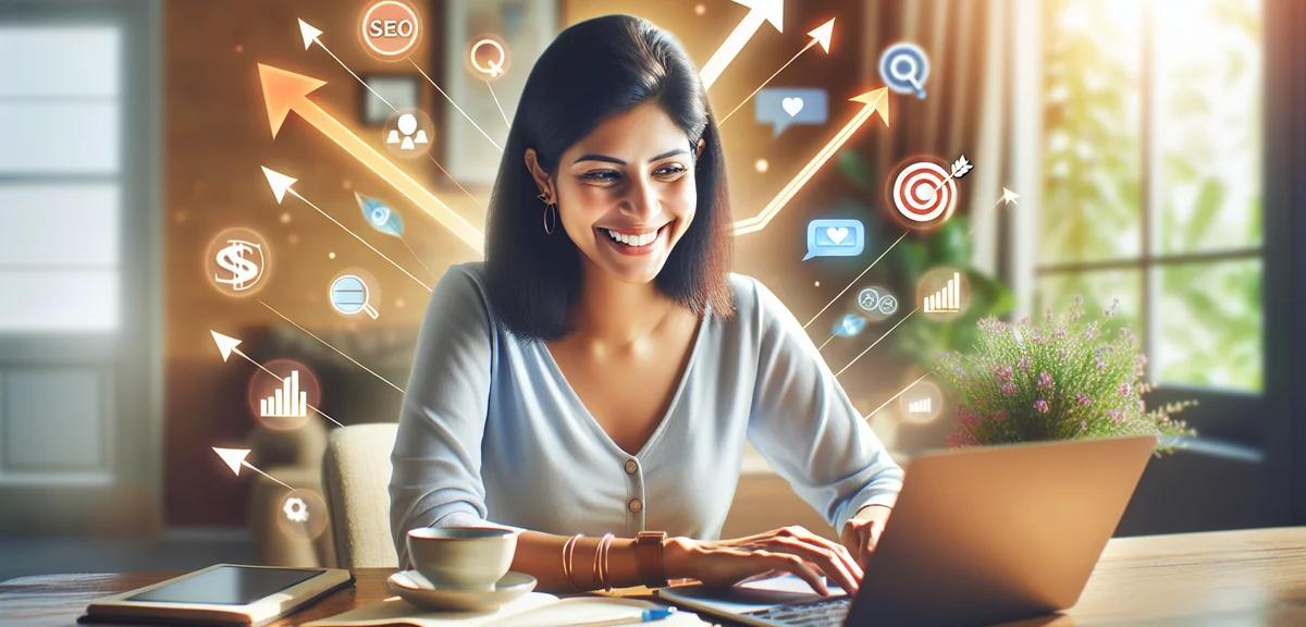 A cheerful illustration of a person implementing SEO and content strategies on a laptop with upward