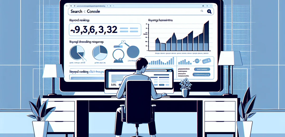 A person analyzing search console data on a large monitor screen, graphs showing keyword rankings an