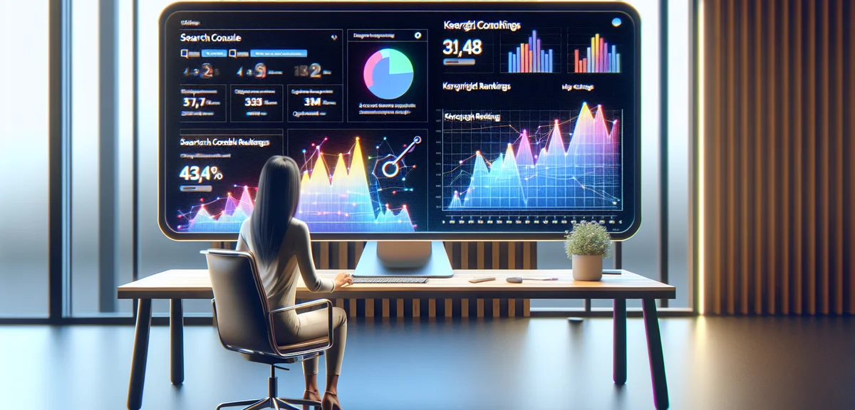 A person analyzing search console data on a large monitor screen, graphs showing keyword rankings an