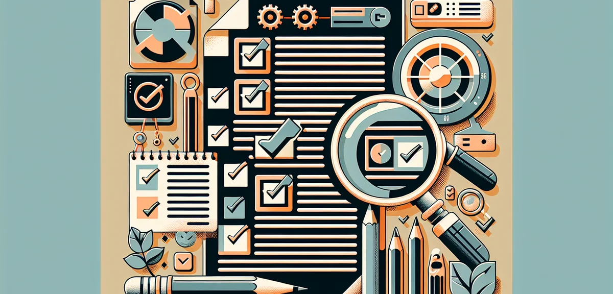A checklist illustration with checkmarks for blog rewrite steps, magnifying glass examining text, ed