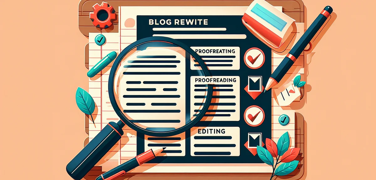 A checklist illustration with checkmarks for blog rewrite steps, magnifying glass examining text, ed