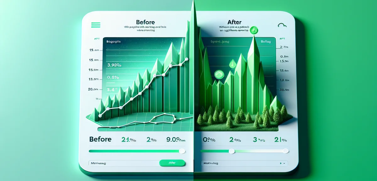 A side-by-side comparison dashboard showing blog metrics before and after rewrite, green upward tren