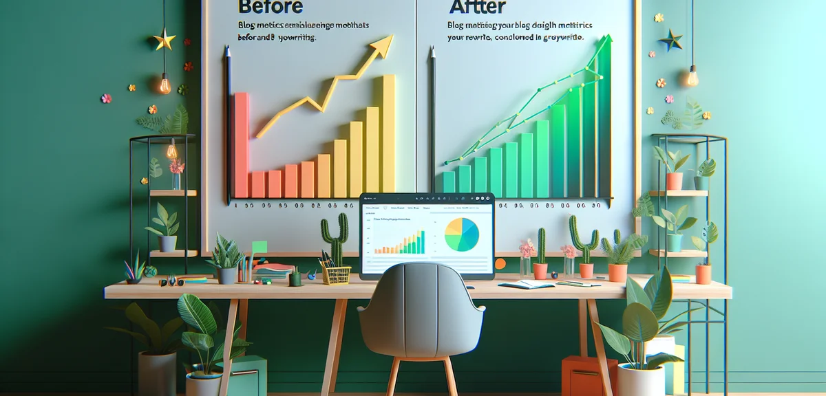 A side-by-side comparison dashboard showing blog metrics before and after rewrite, green upward tren