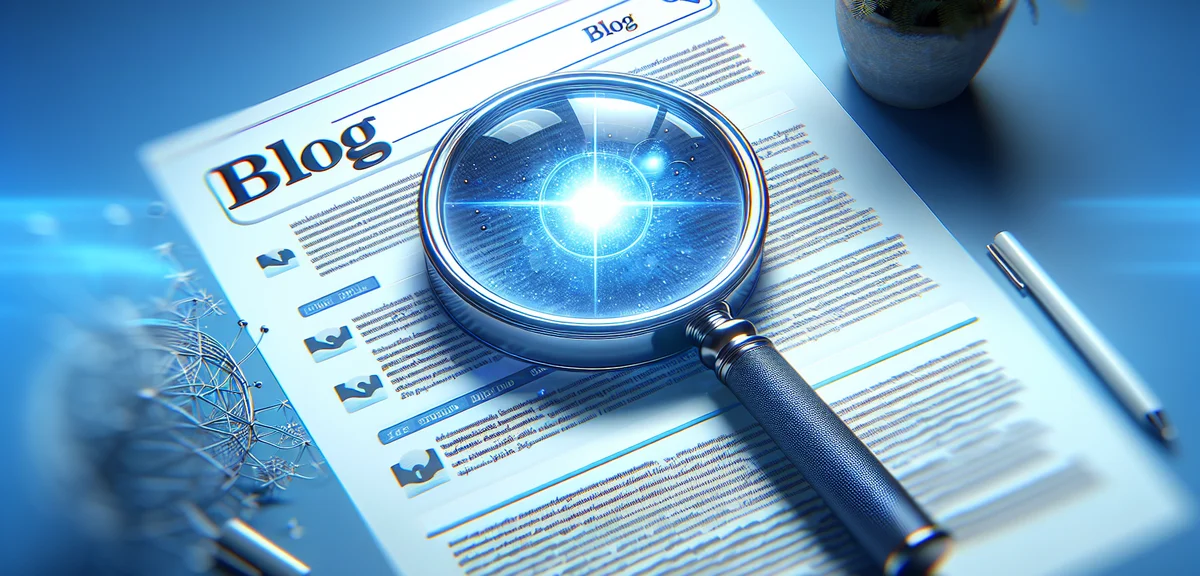 A magnifying glass hovering over search engine results page highlighting blog titles, clean digital 