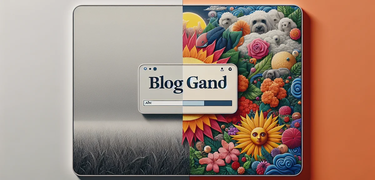A split-screen comparison showing a boring gray blog title on the left and an engaging colorful blog