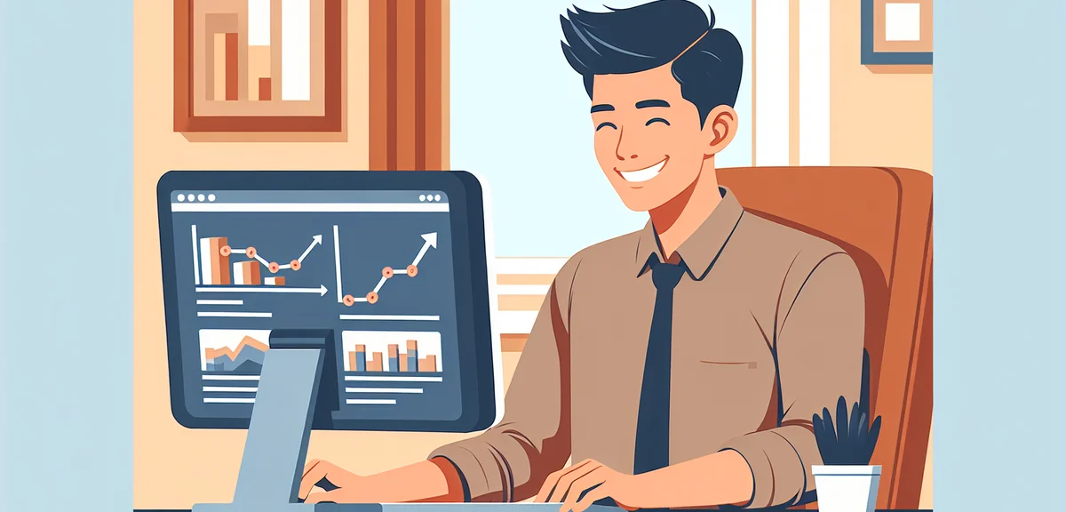 A person smiling while looking at analytics dashboard showing increasing click-through rates, warm o