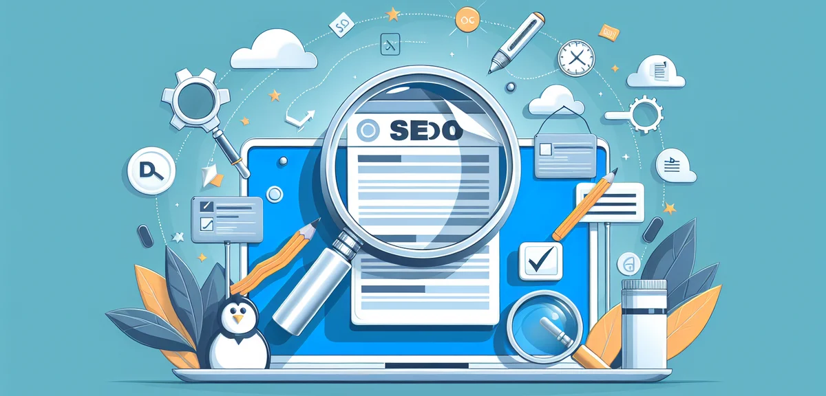 A magnifying glass examining a blog post with SEO checklist items floating around, clean digital ill