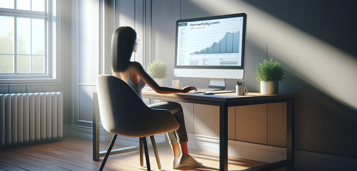 A person optimizing blog content on a computer with upward trending graph overlay, bright and motiva