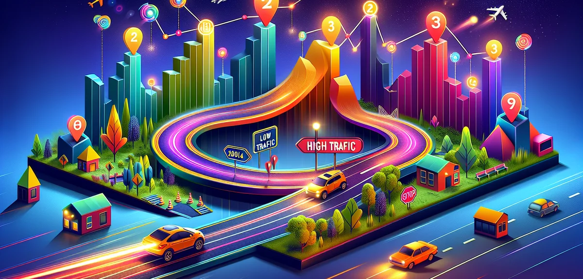 A roadmap illustration showing steps from low traffic to high traffic blog, colorful and modern info